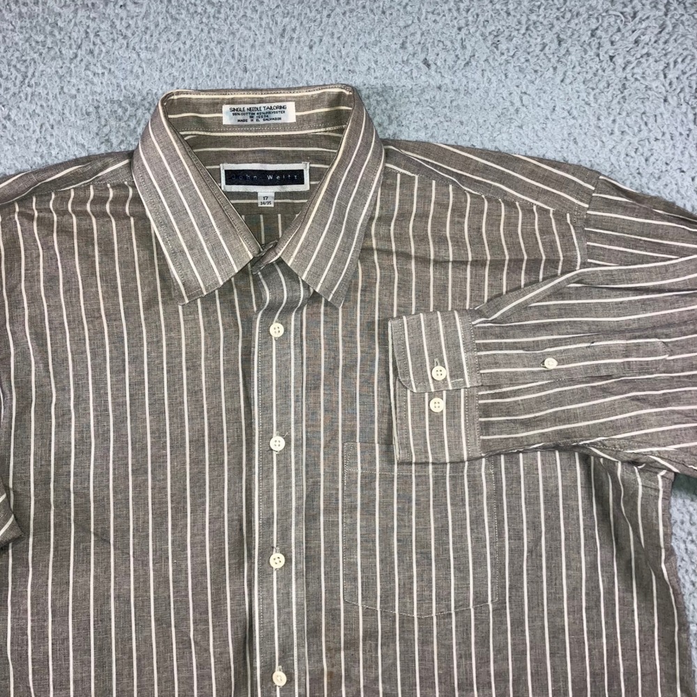 John Weitz Dress‎ Shirt Men 17 34/35 Brown White Striped Long Sleeve Button Up